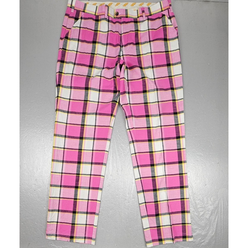 Loudmouth Golf Pants Mens 40x34 Pink Plaid Flat Front Golf Casual Preppy Trouser